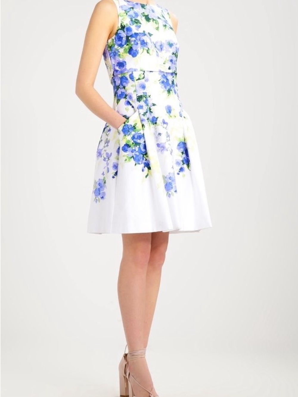 Ralph Lauren White Floral Fit-and-Flare Dress with Blue Blossoms
